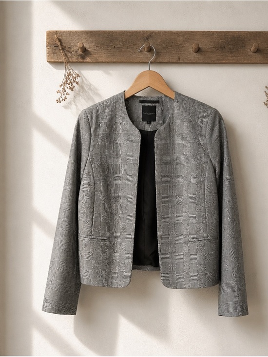 silvian Heach Jackets & Blazers - Italian Tailored Grey Plaid Collarless Blazer - Classic Open Front